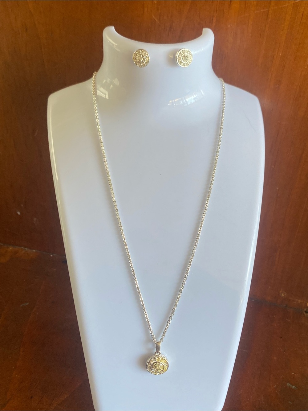 Gold-Tone Round Pendant Necklace and Stud Earrings Set with 2” extension